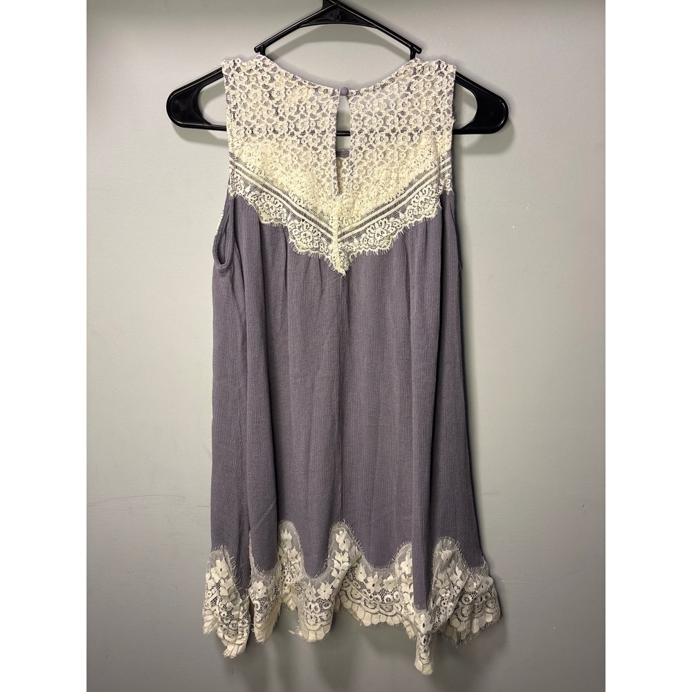 Umgee Boho Lace Trim Shift Dress Purple Grey Sleeveless Mini‎ G0718 Oversized - Picture 4 of 5